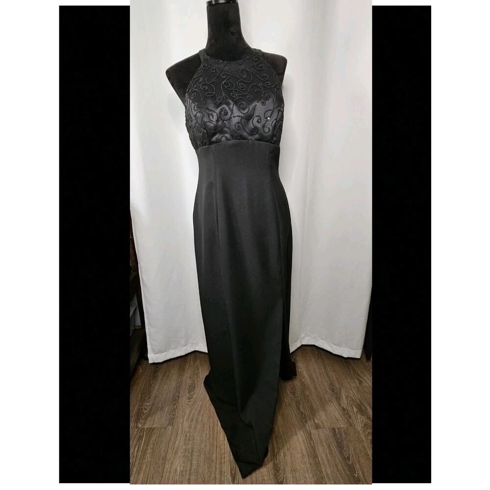 Vintage Hand Stiched Broucaid Bodice Halter Dress Black Size 10 Evening Gown